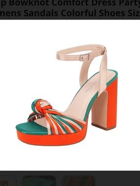 Colorblock Platform Heel Sandal with Ankle Strap in Orange, Green & Nude